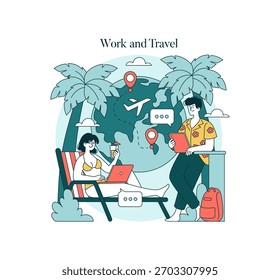 Ilustración vectorial del trabajo a distancia y los viajes. Dos personas que participan en el trabajo y la relajación con dispositivos digitales en un entorno tropical, encarnando un estilo de vida equilibrado.