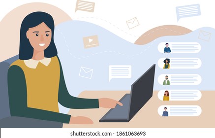 Vector illustration of remote work. Workplace home. Video chat, discussion of business processes. Online education, consultation. Group video conference. A person at the laptop, chatting with friends 
