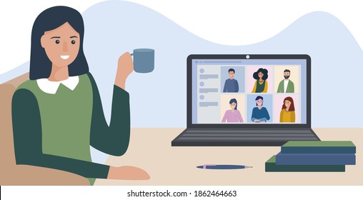Vector illustration of remote work. Workplace home. Video chat, discussion of business processes. Online education, consultation. Group video conference. A person at the laptop, chatting with friends 