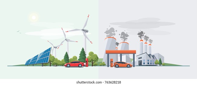 Vector illustration of renewable electric vs. fossil pollution power electricity resource. Electric car charging at  charger station with solar panels and wind turbines and fossil car refueling petrol