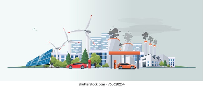 Vector illustration of renewable electric vs. fossil pollution power electricity resource. Electric car charging at  charger station with solar panels and wind turbines and fossil car refueling petrol