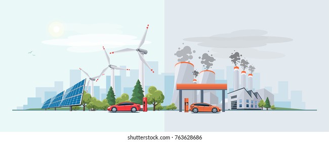 Ilustración vectorial de la energía eléctrica renovable frente a la contaminación fósil recurso eléctrico. Cargador de automóviles eléctricos en la estación de carga con paneles solares y turbinas eólicas y gasolina para reabastecimiento de combustible de automóviles fósiles