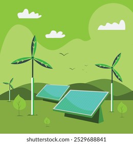 Vector illustration of a renewable energy landscape featuring wind turbines solar panels mountains and trees