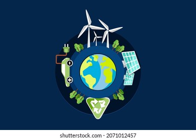 Vector illustration of renewable sources wind turbines, solar panels, electric energy cars, recycle on earth globe with plants background.