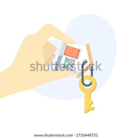 Vector illustration of rental house with hand holding key, real estate leasing, property management, home rental, apartment for rent, and landlord-tenant transaction concept.