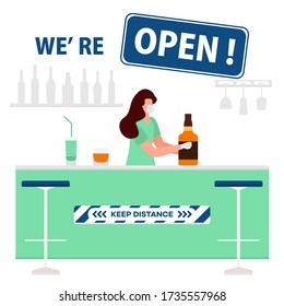Vector illustration Reopening of cafe, bar after COVID-19 quarantine, coronavirus pandemic. Keeping distance between visitors. Social distancing. Reducing risk of infection, prevention measures