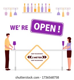 Vector illustration Reopening of cafe, bar after COVID-19 quarantine, coronavirus pandemic. Keeping distance between visitors. Social distancing. Reducing risk of infection, prevention measures