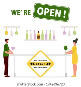 Vector illustration Reopening of cafe, bar after COVID-19 quarantine, coronavirus pandemic. Keeping distance between visitors. Social distancing. Reducing risk of infection, prevention measures