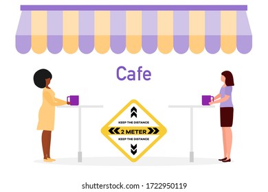 Vector illustration Reopening of cafe, restaurant after COVID-19 quarantine, coronavirus pandemic. Keeping distance between visitors. Social distancing. Reducing risk of infection, prevention measures