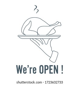 Ilustración vectorial Reapertura de café, restaurante después de la cuarentena COVID-19, pandemia de coronavirus. La mano del camarero lleva un plato de pollo. Mensaje Estamos abiertos. Bienvenida a los clientes, información sobre la apertura