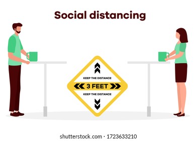 Vector illustration Reopening of cafe, restaurant after COVID-19 quarantine, coronavirus pandemic. Keeping distance between visitors. Social distancing. Reducing risk of infection, prevention measures