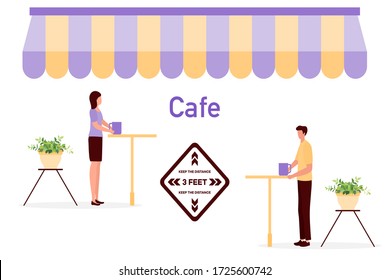 Vector illustration Reopening of cafe, restaurant after COVID-19 quarantine, coronavirus pandemic. Keeping distance between visitors. Social distancing. Reducing risk of infection, prevention measures