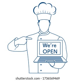 Vector illustration Reopening of cafe, restaurant after COVID-19 quarantine, coronavirus pandemic. Chef Cook with laptop We're open. Welcoming customers, informing about opening. Design for web, print