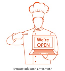 Ilustración vectorial Reapertura de café, restaurante después de la cuarentena de COVID-19, pandemia de coronavirus. Chef Cocinar con laptop Estamos abiertos. Acogiendo a los clientes, informando sobre la apertura. Diseño para web, impresión
