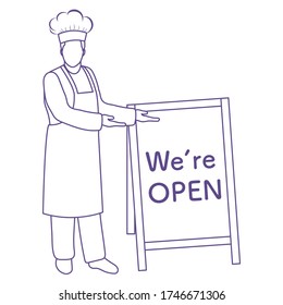 Ilustración vectorial Reapertura de café, restaurante después de la cuarentena de COVID-19, pandemia de coronavirus. Chef Cocinar con un cartel Estamos abiertos. Acogiendo a los clientes, informando sobre la apertura. Diseño para web, impresión