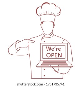 Vector illustration Reopening of cafe, restaurant after COVID-19 quarantine, coronavirus pandemic. Chef Cook with laptop We're open. Welcoming customers, informing about opening. Design for web, print