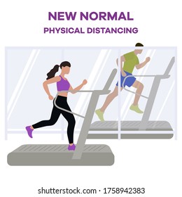 Vector illustration Reopening of fitness center, sports clubs after coronavirus quarantine. People doing fitness on treadmills Keep social distance COVID free New normal Stay apart Physical distancing
