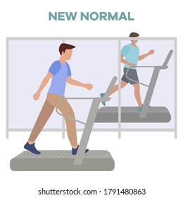 Vector Illustration Reopening Of Fitness Center, Sports Clubs After Coronavirus Quarantine. People Doing Fitness On Treadmills Keep Social Distance COVID Free New Normal Stay Apart Physical Distancing