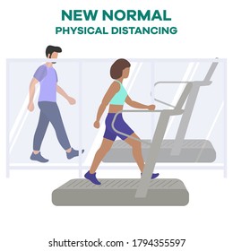 Vector illustration Reopening of fitness center, sports clubs after coronavirus quarantine. People doing fitness on treadmills Keep social distance COVID free New normal Stay apart Physical distancing
