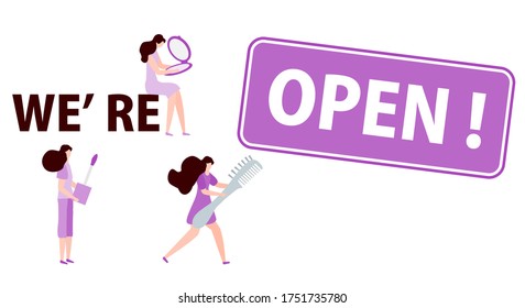 Vector illustration Reopening of hairdressers, spa salon after COVID-19 quarantine, coronavirus pandemic Sign We're open Keep distance Social distancing Reducing risk of infection, prevention measures