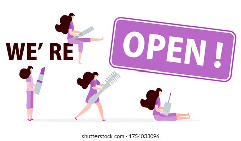 Vector illustration Reopening of hairdressers, spa salon after COVID-19 quarantine, coronavirus pandemic Sign We're open Keep distance Social distancing Reducing risk of infection, prevention measures