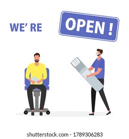 Vector illustration Reopening of hairdressers, spa salon after COVID-19 quarantine, coronavirus pandemic Sign We're open Keep distance Social distancing Reducing risk of infection, prevention measures