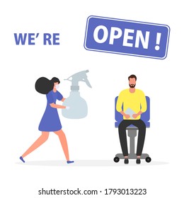 Vector illustration Reopening of hairdressers, spa salon after COVID-19 quarantine, coronavirus pandemic Sign We're open Keep distance Social distancing Reducing risk of infection, prevention measures
