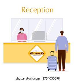 Vector illustration Reopening of Hotel hostel guesthouse lobby after COVID-19 quarantine. Person with suitcase stands at hotel reception, receptionist makes check in hotel room. COVID free New normal