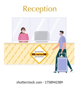 Vector illustration Reopening of Hotel hostel guesthouse lobby after COVID-19 quarantine. Person with suitcase stands at hotel reception, receptionist makes check in hotel room. COVID free New normal