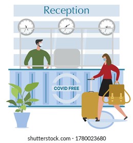 Vector illustration Reopening of Hotel hostel guesthouse lobby after COVID-19 quarantine. Person with suitcase stands at hotel reception, receptionist makes check in hotel room. COVID free New normal