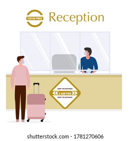 Vector illustration Reopening of Hotel hostel guesthouse lobby after COVID-19 quarantine. Person with suitcase stands at hotel reception, receptionist makes check in hotel room. COVID free New normal