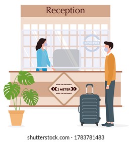 Vector illustration Reopening of Hotel or hostel guesthouse lobby after COVID-19 quarantine. Person with suitcase stands at hotel reception, receptionist checks man into hotel room. COVID free New normal