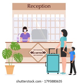 Vector illustration Reopening of Hotel hostel guesthouse lobby after COVID-19 quarantine. Person with suitcase stands at hotel reception, receptionist makes check in hotel room. COVID free New normal