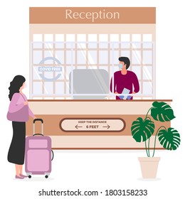Vector illustration Reopening of Hotel hostel guesthouse lobby after COVID-19 quarantine. Person with suitcase stands at hotel reception, receptionist makes check in hotel room. COVID free New normal