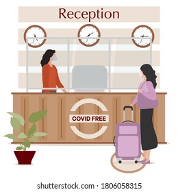 Vector illustration Reopening of Hotel hostel guesthouse lobby after COVID-19 quarantine. Person with suitcase stands at hotel reception, receptionist makes check in hotel room. COVID free New normal