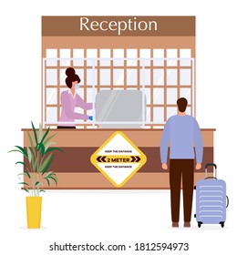 Vector illustration Reopening of Hotel hostel guesthouse lobby after COVID-19 quarantine. Person with suitcase stands at hotel reception, receptionist makes check in hotel room. COVID free New normal