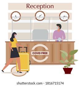 Vector illustration Reopening of Hotel hostel guesthouse lobby after COVID-19 quarantine. Person with suitcase stands at hotel reception, receptionist makes check in hotel room. COVID free New normal