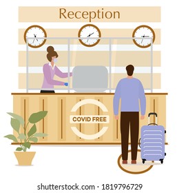 Vector illustration Reopening of Hotel hostel guesthouse lobby after COVID-19 quarantine. Person with suitcase stands at hotel reception, receptionist makes check in hotel room. COVID free New normal