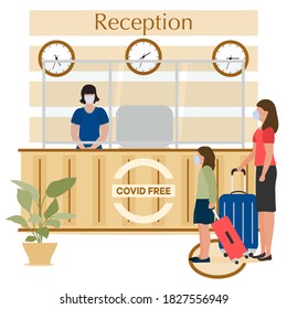 Vector illustration Reopening of Hotel hostel guesthouse lobby after COVID-19 quarantine. Person with suitcase stands at hotel reception, receptionist makes check in hotel room. COVID free New normal