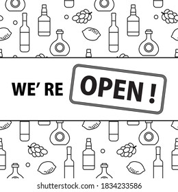 Vector illustration Reopening of liquor store alcohol shop bar after COVID-19 coronavirus pandemic Sign We're open Alcohol drink market concept Bottle glasses of wine in bar wine shop Design for print