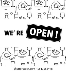 Vector illustration Reopening of liquor store alcohol shop bar after COVID-19 coronavirus pandemic Sign We're open Alcohol drink market concept Bottle glasses of wine in bar wine shop Design for print