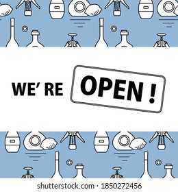 Vector illustration Reopening of liquor store alcohol shop bar after COVID-19 coronavirus pandemic Sign We're open Alcohol drink market concept Bottle glasses of wine in bar wine shop Design for print