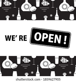 Vector illustration Reopening of liquor store alcohol shop bar after COVID-19 coronavirus pandemic Sign We're open Alcohol drink market concept Bottle glasses of wine in bar wine shop Design for print