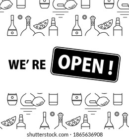Ilustración vectorial Reapertura de la tienda de bebidas alcohólicas bar después de la pandemia del coronavirus COVID-19 Signo Estamos abierto Concepto del mercado de bebidas alcohólicas Gafas de botella de vino en la tienda de vinos bar Diseño para impresión