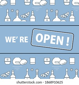 Vector illustration Reopening of liquor store alcohol shop bar after COVID-19 coronavirus pandemic Sign We're open Alcohol drink market concept Bottle glasses of wine in bar wine shop Design for print