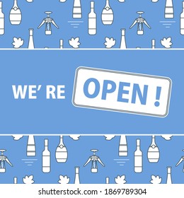 Vector illustration Reopening of liquor store alcohol shop bar after COVID-19 coronavirus pandemic Sign We're open Alcohol drink market concept Bottle glasses of wine in bar wine shop Design for print
