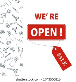 Vector illustration Reopening of professional hairdressing tools stores after COVID-19 quarantine coronavirus pandemic. Sign We're open. Tag Sale. Price reduction advert. Discount. Shopping background