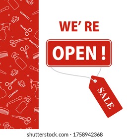 Vector illustration Reopening of professional hairdressing tools stores after COVID-19 quarantine coronavirus pandemic. Sign We're open. Tag Sale. Price reduction advert. Discount. Shopping background