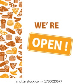 Vector illustration Reopening of street food trading, pizza shops, fast food cafe after COVID-19 quarantine, coronavirus pandemic. Sign We're open. Social distancing. Reducing risk of infection