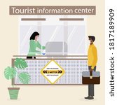 Vector illustration Reopening of Visitor Center after coronavirus Specialist in Tourist Information Center in protective medical mask and gloves provides services to the tourist. COVID free New normal